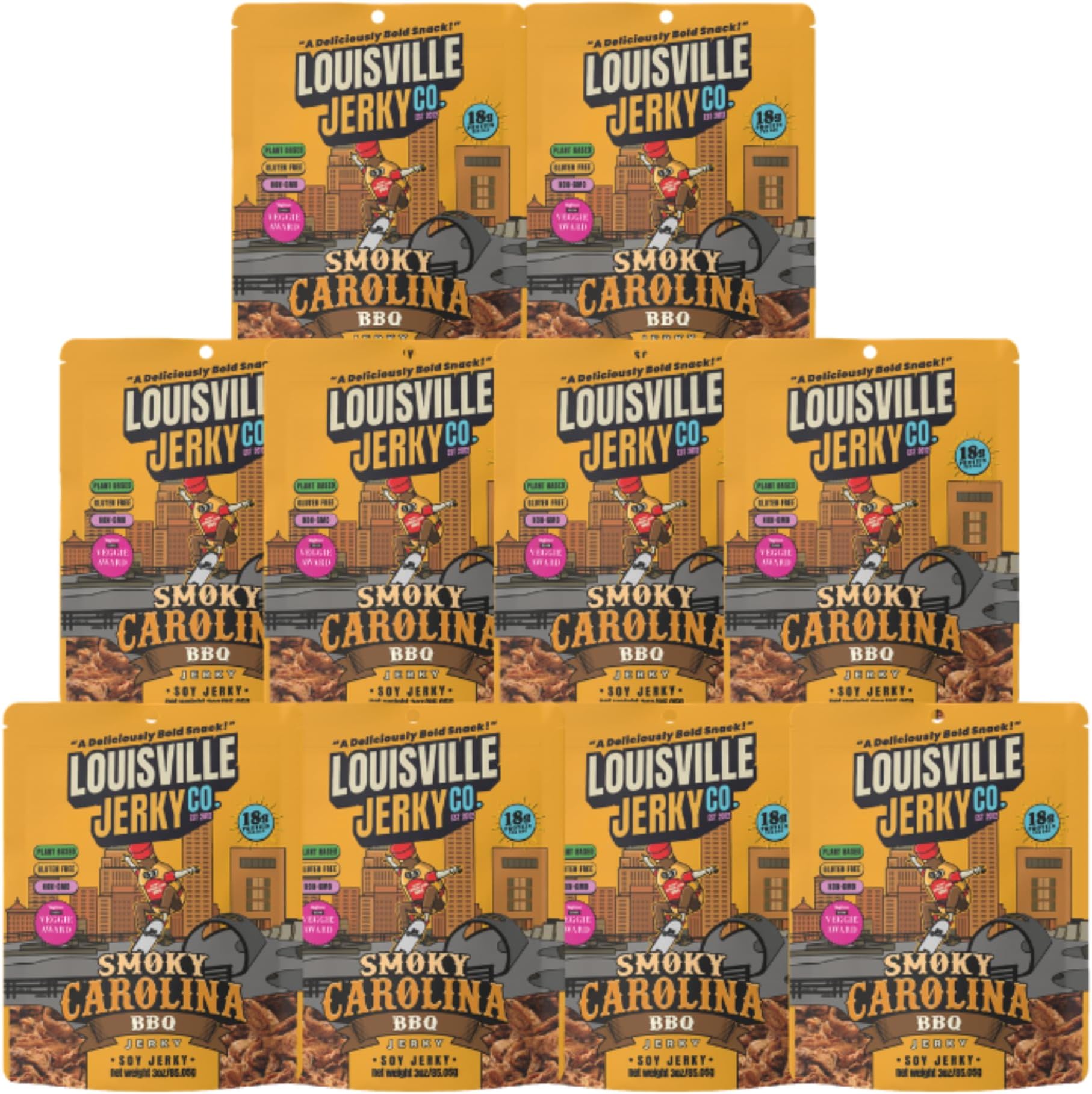 Louisville Jerky Co. Sweet & Smoky Carolina Mustard BBQ Vegan Jerky, Plant Based Protein Snack (3 Ounce, 10-Pack) – Smoky Southern BBQ Flavor, Gluten-Free, Vegetarian