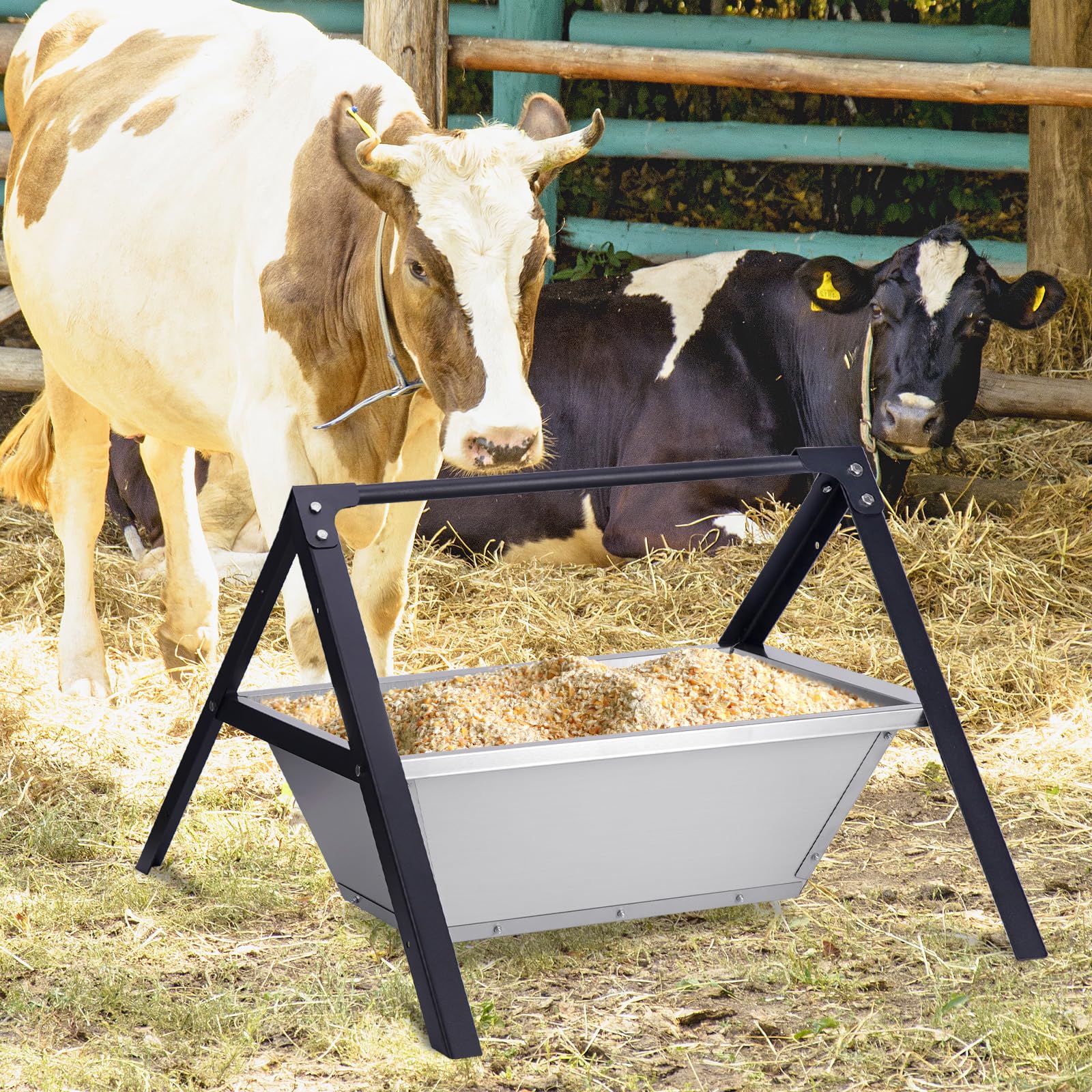Paquete de 2 comederos de ganado de alto rendimiento, comedero automático de acero inoxidable para cabras que suministra 23 "Comederos portátiles largos para ganado y heno para cabras con