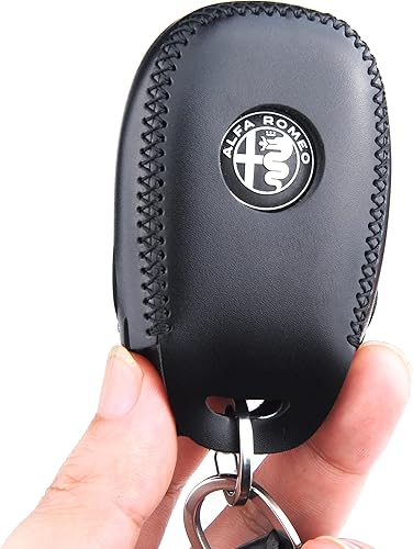 Miniatura 4 de Funda para llavero de piel italiana auténtica a prueba de huellas dactilares compatible con Alfa Romeo Giulia Stelvio 4C Spider