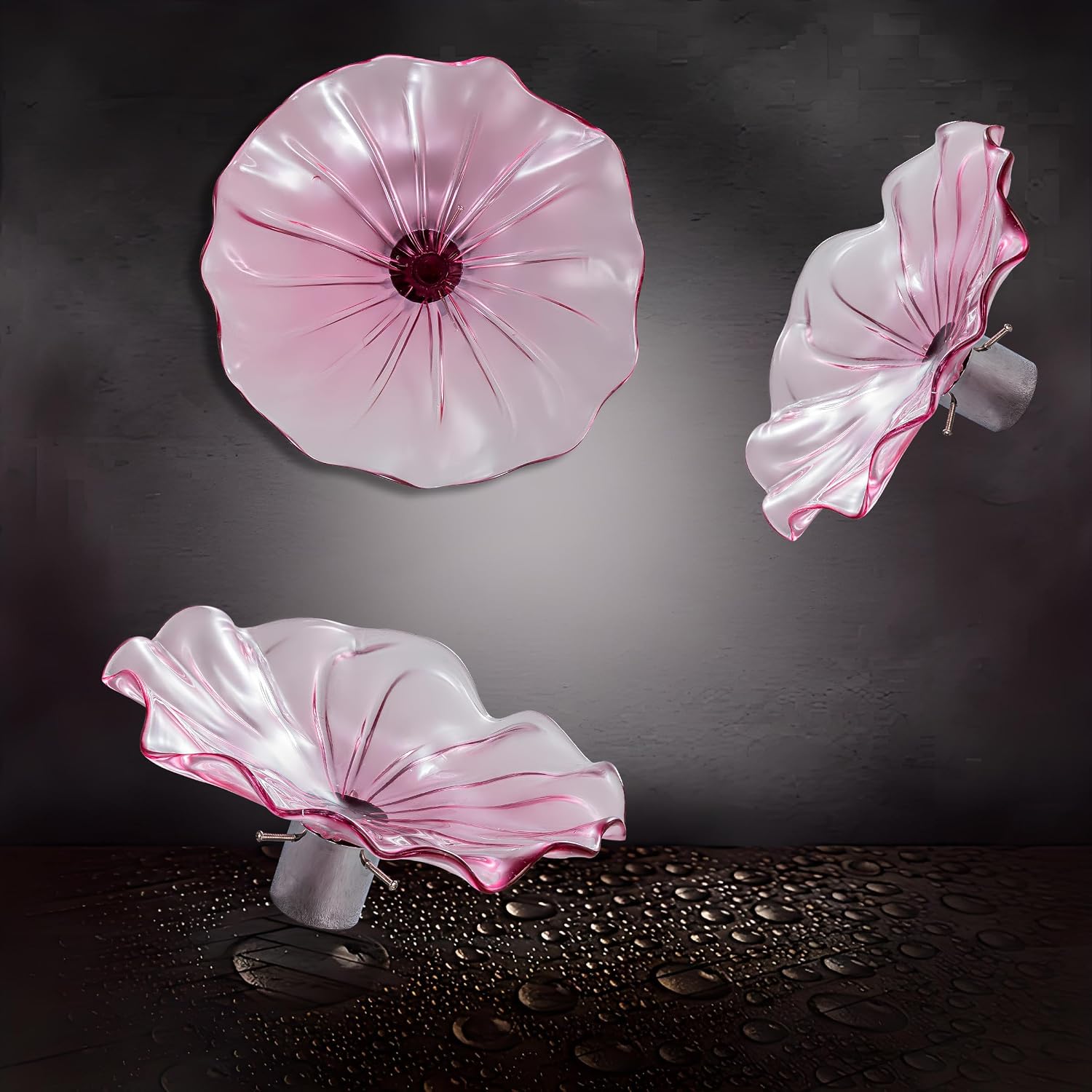 Kasiqilight 3 pack Hand Blown Murano Glass Wall Plate,Vintage Crackle Glass Wall Art Decor, Transparent Durable,Easy Clean, Pink LED Wall Plate for Living Room, Bedroom, Office, Gifts