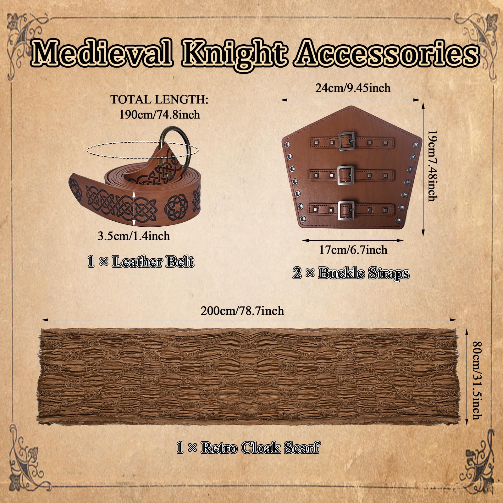 3PCS Medieval Knight Accessories Set - Renaissance Viking Style Cloak Scarf, Leather Belt, Buckle Straps, Brown - Image 3