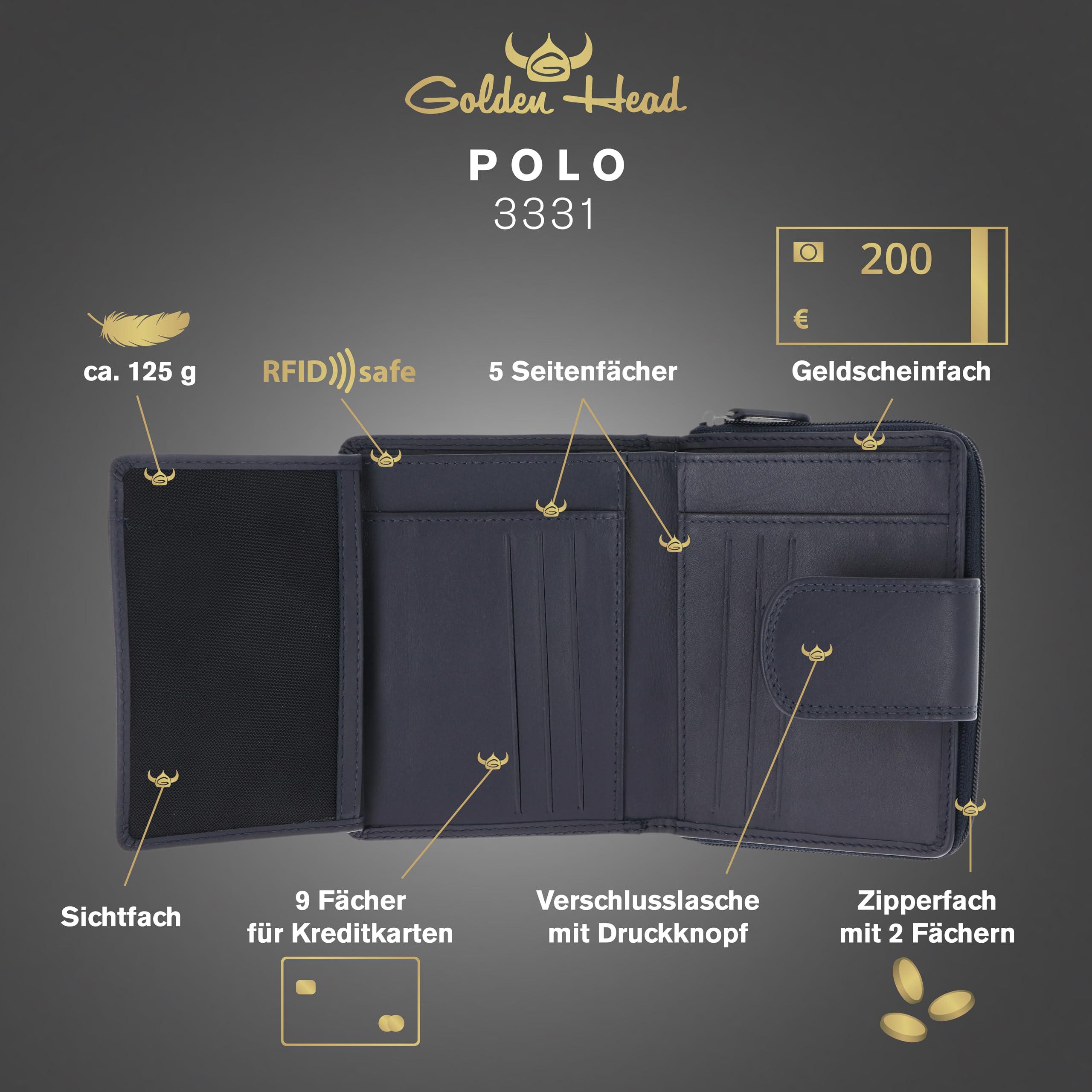 Golden Head Ochrona RFID Polo, Marineblau, Taglia Unica, Klasyczny i elegancki