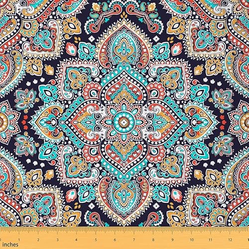 Feelyou Boho Mandala Fabric by The Yard, Exotic Bohemian Style Floral Upholstery Fabric, Hippie Mandala Printed Outdoor Fabric, Decorative Flowers Reupholstery Fabric for Chairs, 2 Yards, Te