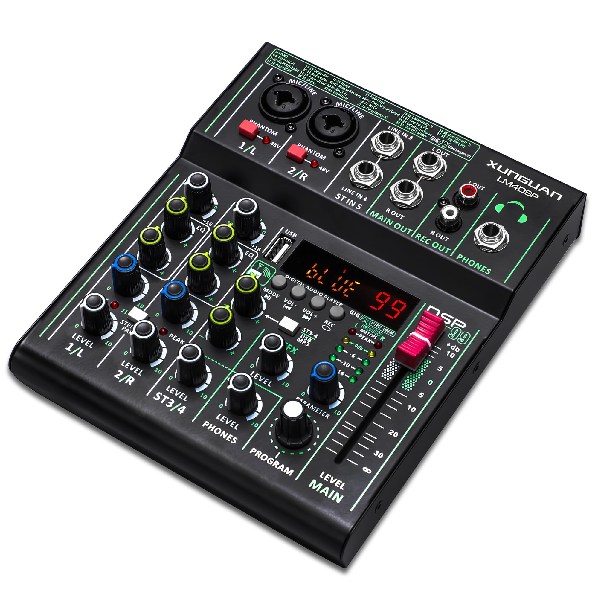 LM4DSP Audio Mixer 4 Channel,99 DSP metal body Sound Board Mixing Console with USB Bluetooth Echo Delay Effect,48V Power for Professional for Recording,Live Streaming,Podcasting DJ Music Application