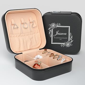 LRITER Small Jewelry Box, Personalized Customizable Picture or Text Travel Organizer with Mirror, Gifts for Girls and Women Customized Black A