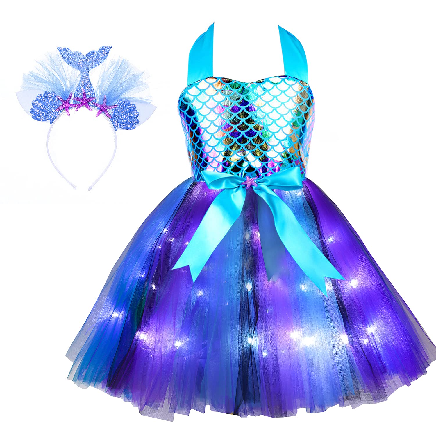 SoyoekbtGirls Mermaid Costume LED Light Up Princess Tutu Dress for Halloween Birthday with Headband 3-8 Years
