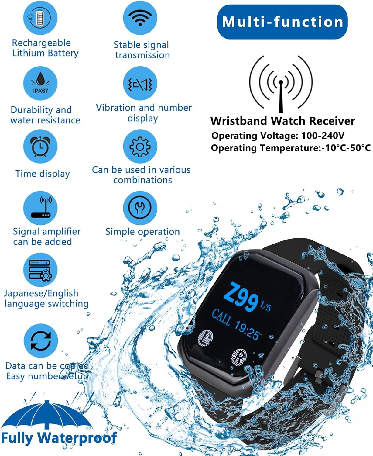 Wireless Restaurant Paging System with 6 Waiter Watches/1 Call Button, Fast Alert Buzzer for Dish Pickup, Chef Calls, Food Service – Diner, Cafe, Catering Staff Communication