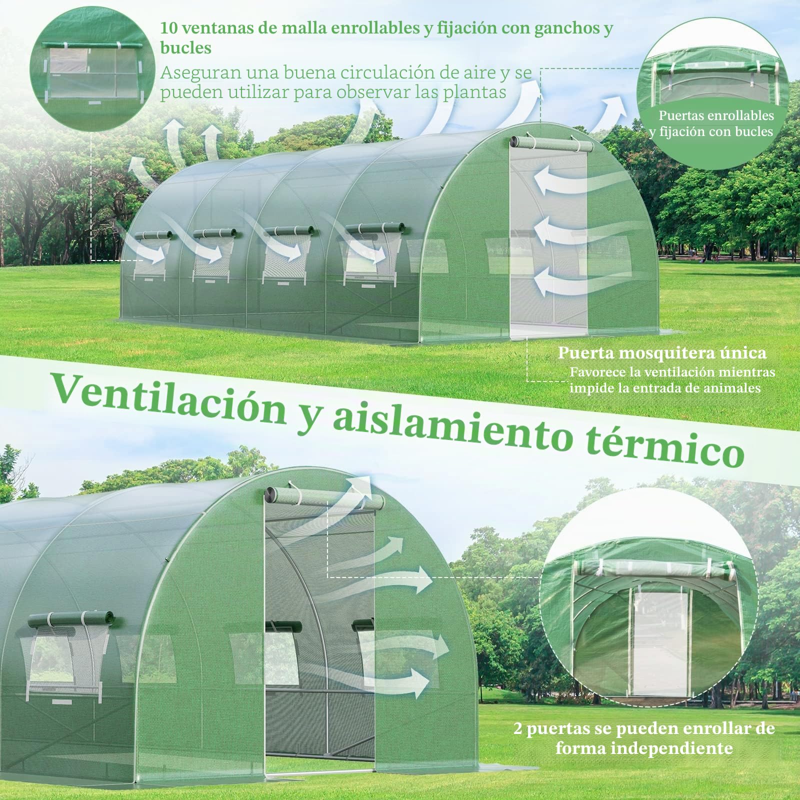 RELAX4LIFE Invernadero de jardín, 18 m², Invernadero túnel de jardín 6x3x2m con Marco de Acero galvanizado, 2 Puertas y 10 Ventanas enrollables, Funda de PE para Verduras, Frutas, Flores