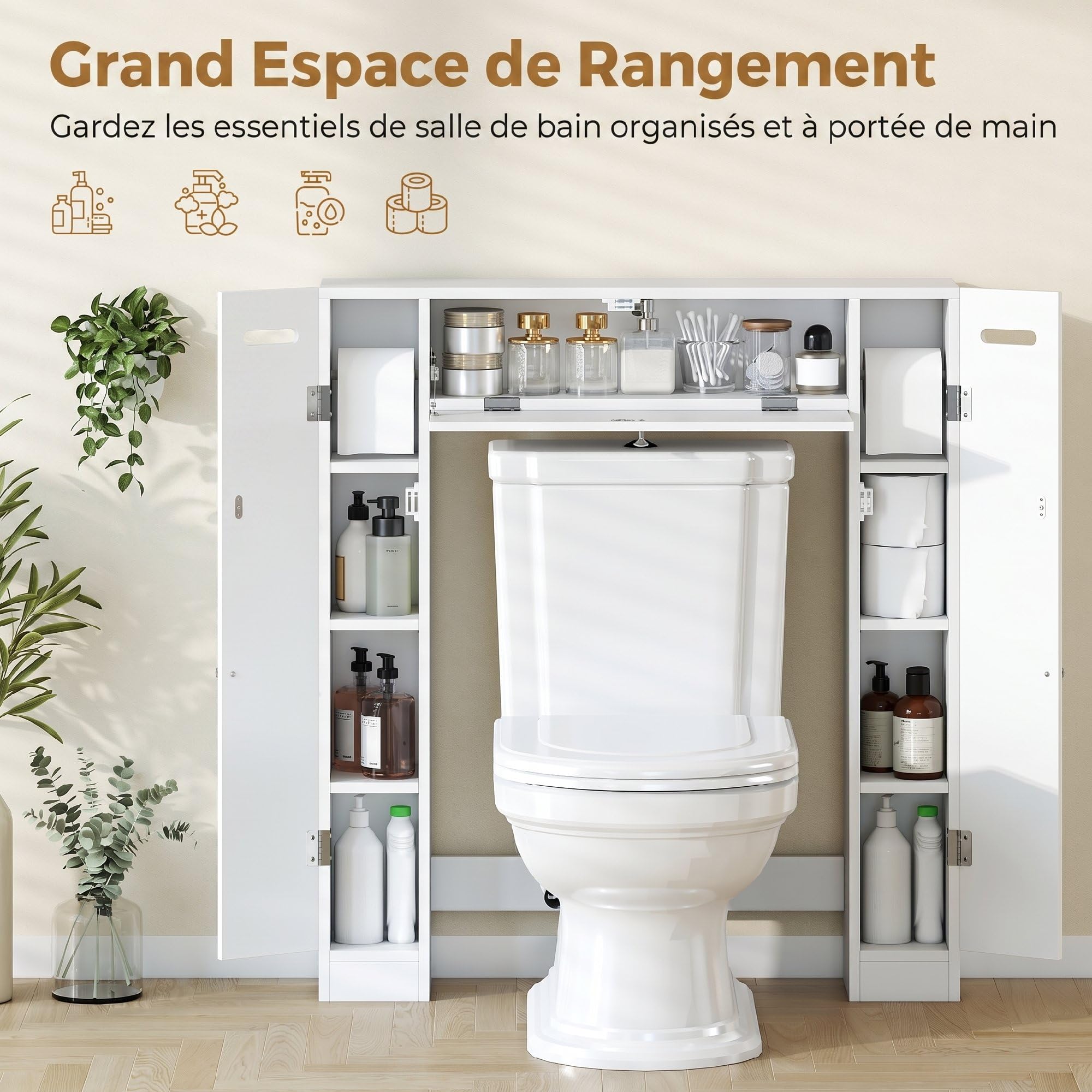 HOMCOM Meuble WC Dessus de Toilette, Armoire au-Dessus des Toilettes avec 2 placards, tiroir basculant, Porte-Papier et étagères réglables, 88 x 18 x 98 cm, Blanc