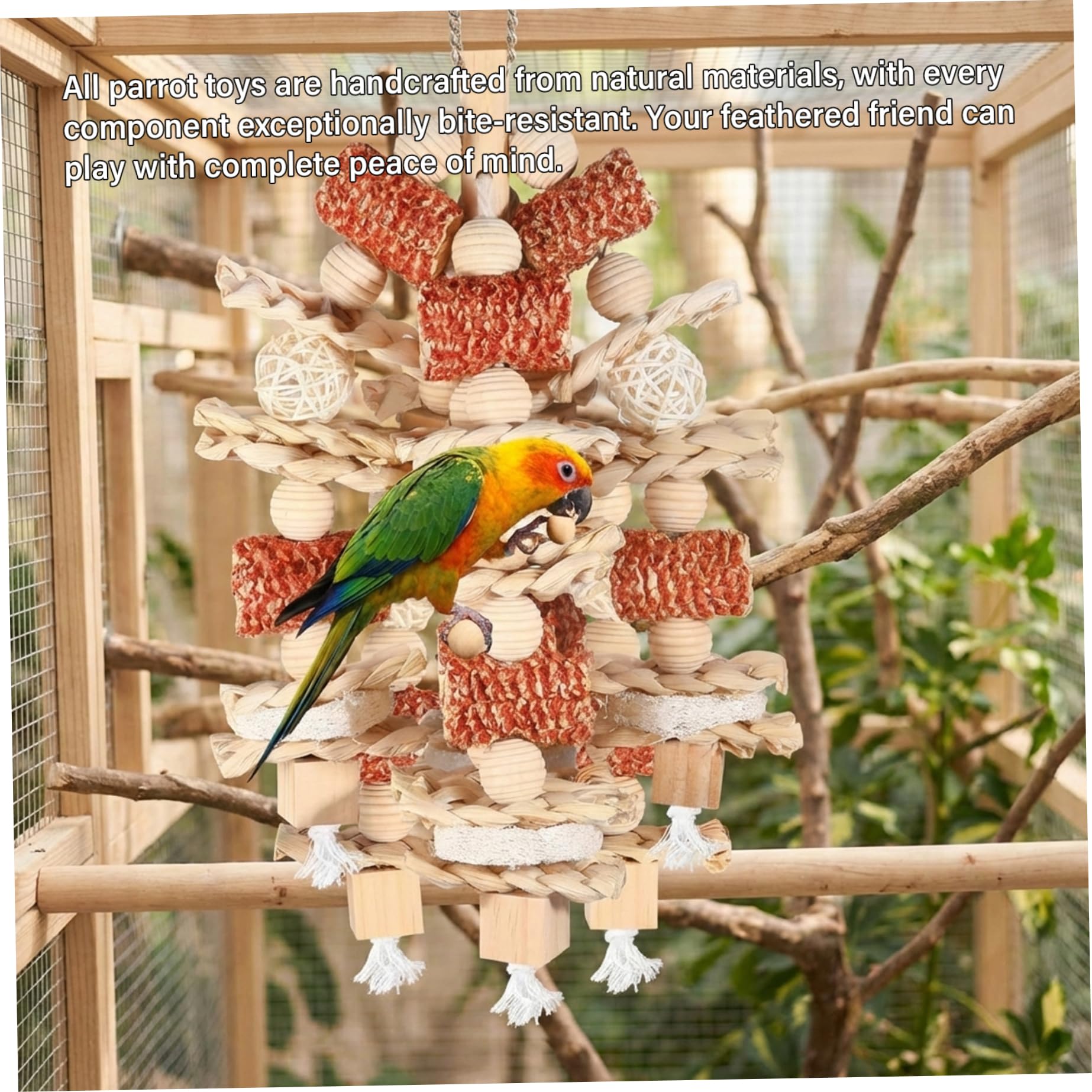 Juguetes para Loros para pájaros Grandes, Juguete Colgante para Masticar y Escalar de 16, 5 Pulgadas con mazorca de maíz, Juguetes Seguros para pájaros de Madera Natural para Loros, guacamayos, CAC