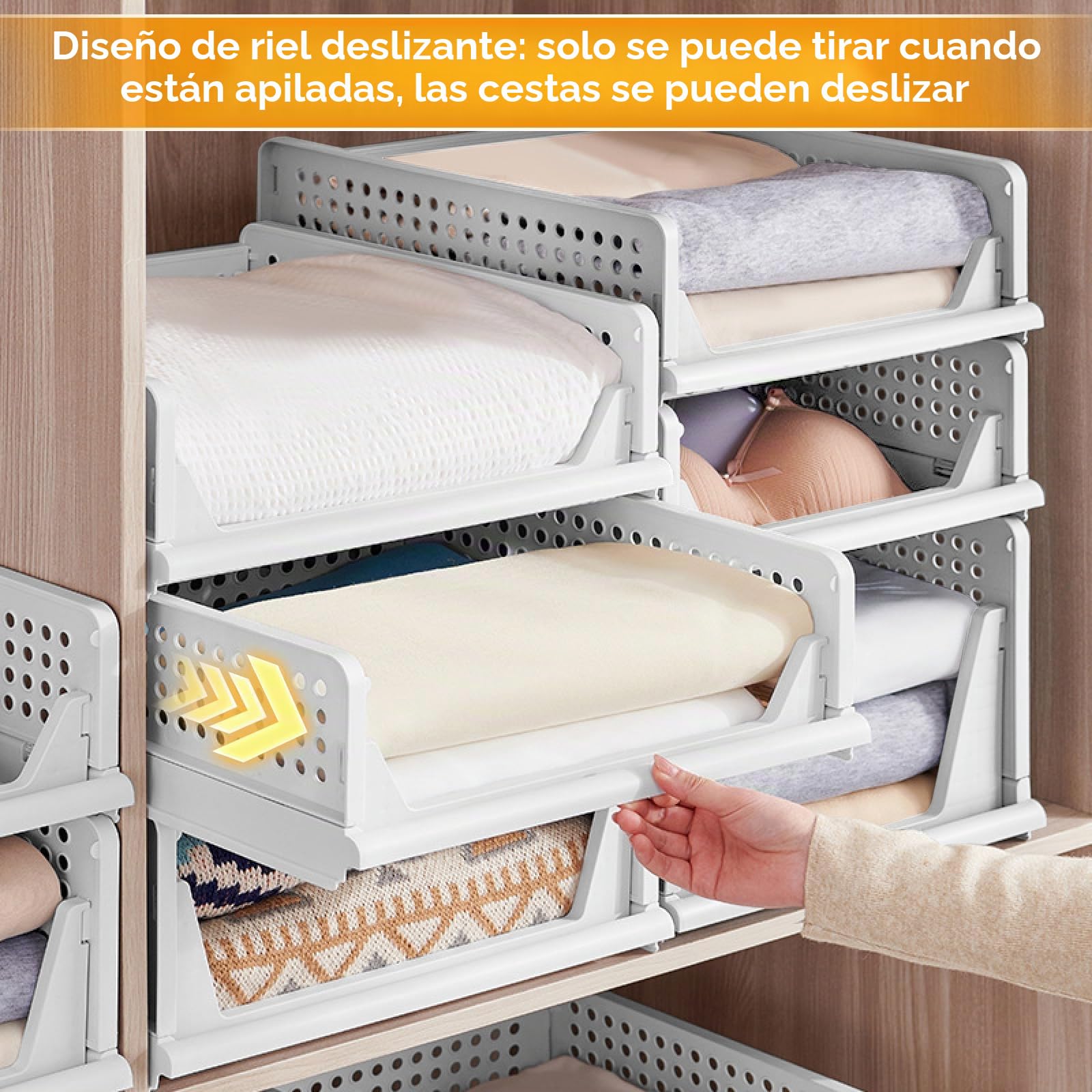 Organizador de almacenamiento para armario, 2 cestas apilables pequeñas, 43 x 33,5 x 14 cm, contenedores de plástico multiusos para armario, baño, oficina, hogar, juguetes, libros, ropa