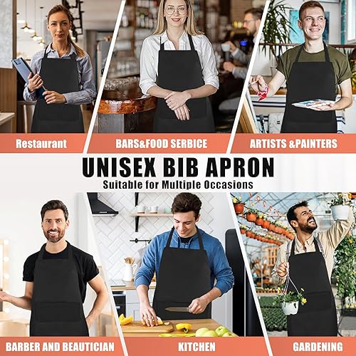 Miniatura 7 de Paquete de 12 delantales con peto, delantales negros a granel, delantales unisex lisos con 2 bolsillos, delantal negro lavable a máquina para