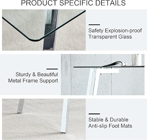 Miniatura 6 de Mesa de comedor de vidrio para 4-6, parte superior de vidrio rectangular transparente, mesa de cocina moderna de vidrio templado de 51 pulgadas con