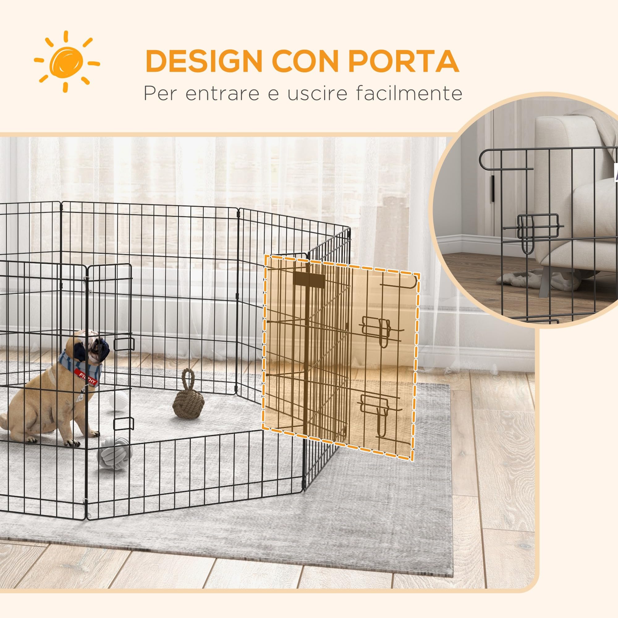 PawHut Recinto per Cani da Esterno e Interno, Recinzione Box per Cani e Cuccioli con 8 Pannelli a Rete e Porta 61 x 61cm, Nero
