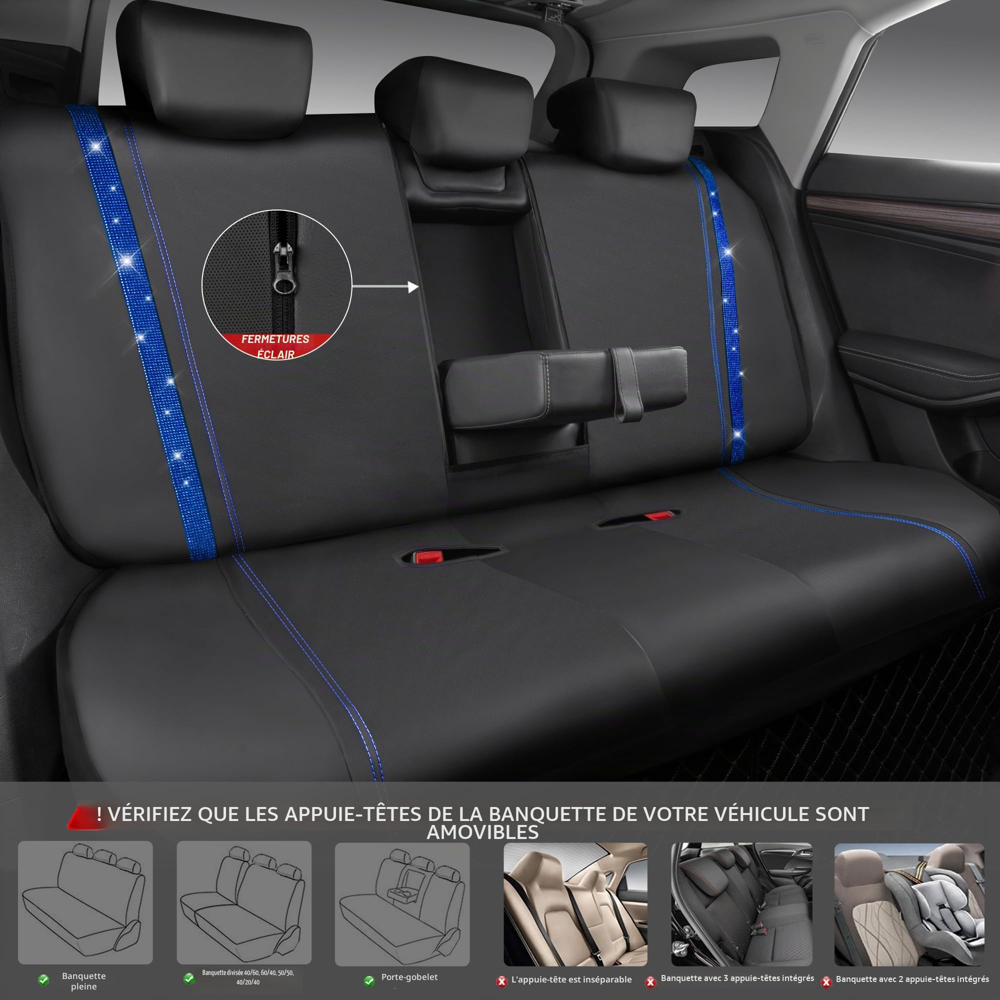CAR PASS Housses siège Voiture en Cuir imperméable, Bling Diamant Brillant Cristal Scintillant, Universel pour 95% de Toutes Les Automobiles Camions SUV, Femmes Hommes(Ensemble Complet, Bleu)