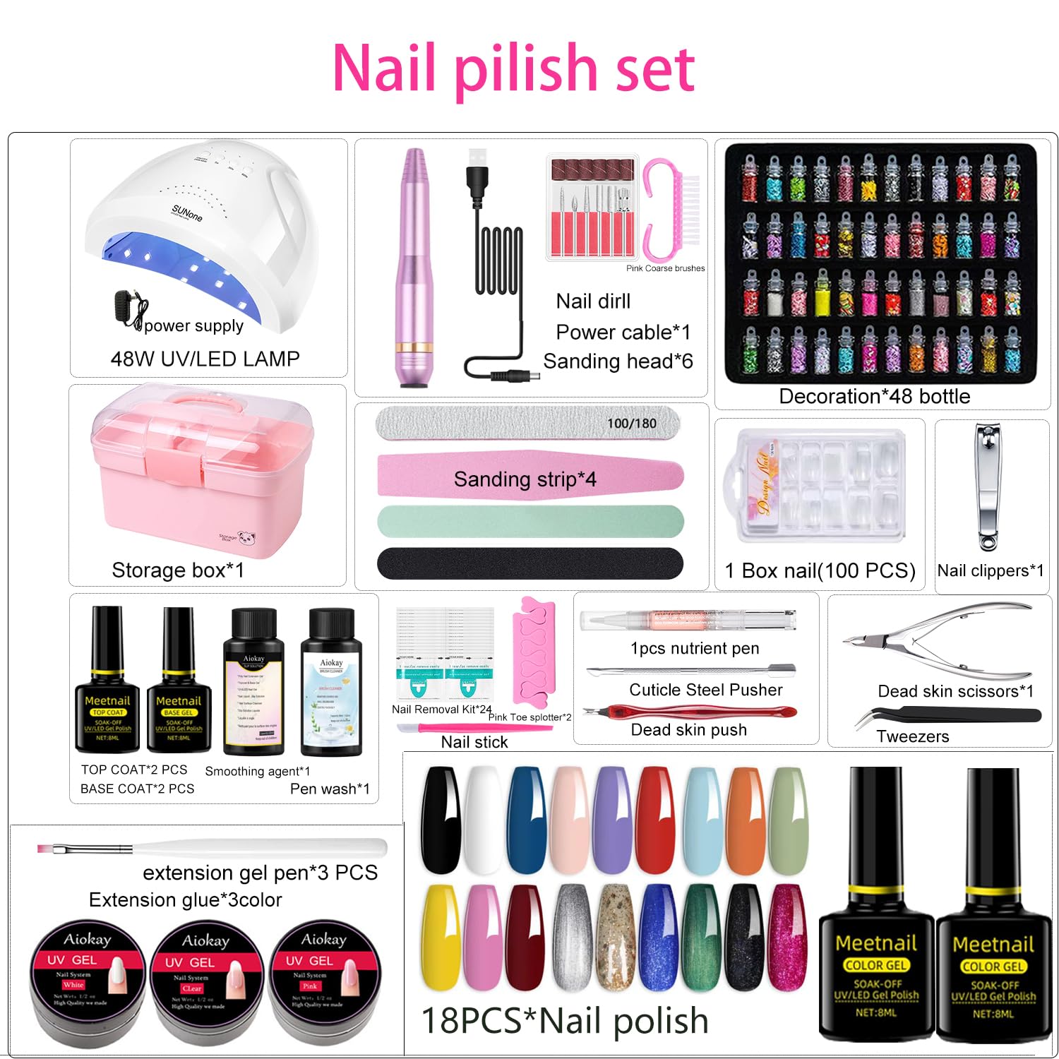 Complete Nail Studio Set with 48W UV LED Lamp, 22pcs nail polish with Base Coat and Top coat, 3 Colors Extension Poly Nail Gel set，Nail Drill & More,Professional Manicure Tool for Home DIY Salon
