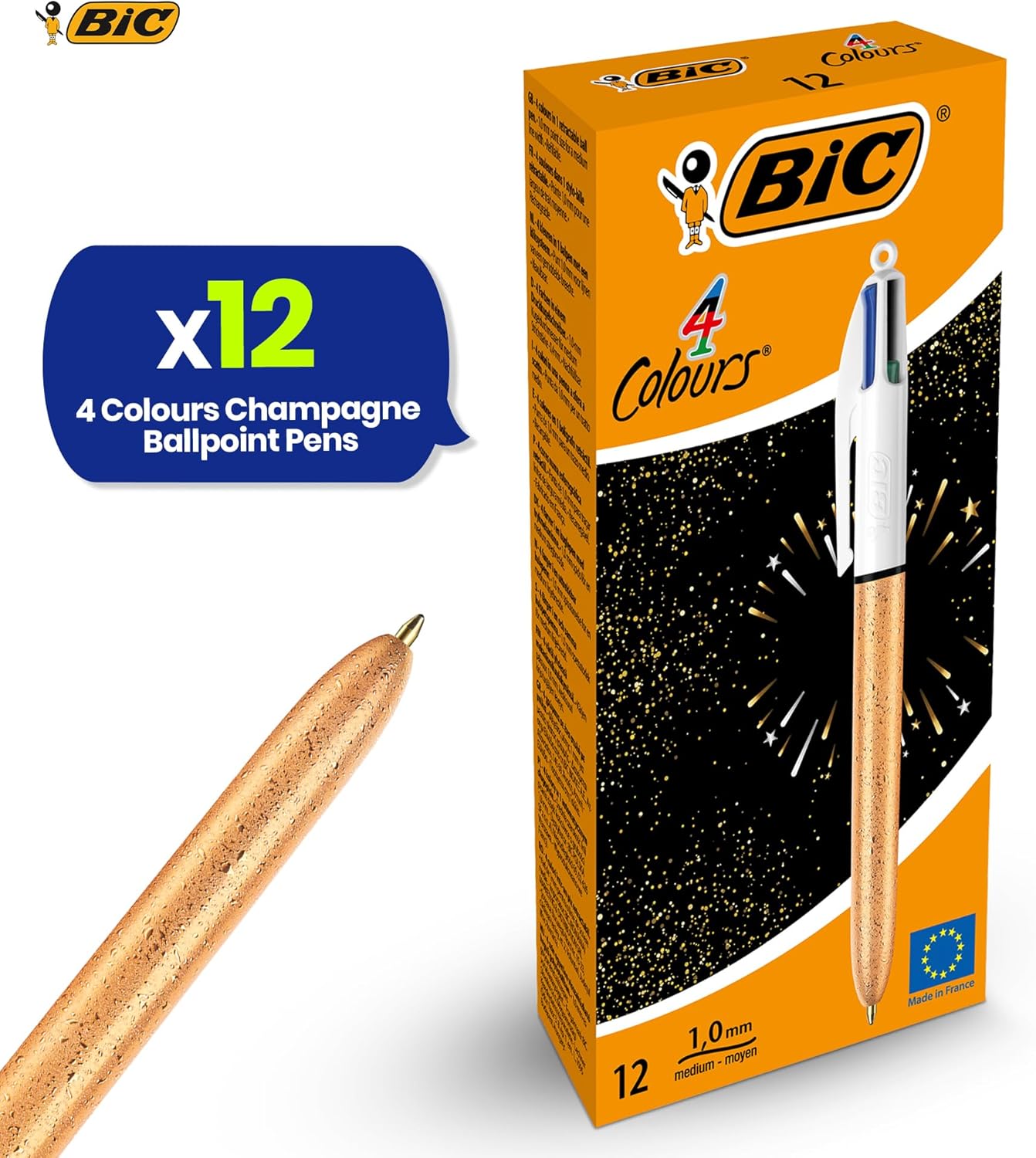 BIC 4-Colour Champagne Pens Multi Pen Retractable Frosted Gold Barrel Design Multicolour Pen With Four Assorted Vibrant Inks Multi Coloured Pens All in One for School Office (Pack of 12)