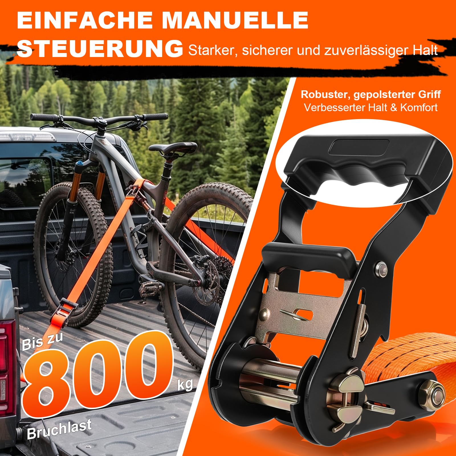 GEARMONSTER 4 cinghie con cricchetto, 38 mm x 3 m, cinghie di ancoraggio con cricchetto, cinghie con gancio per moto, traslochi e carico, arancione