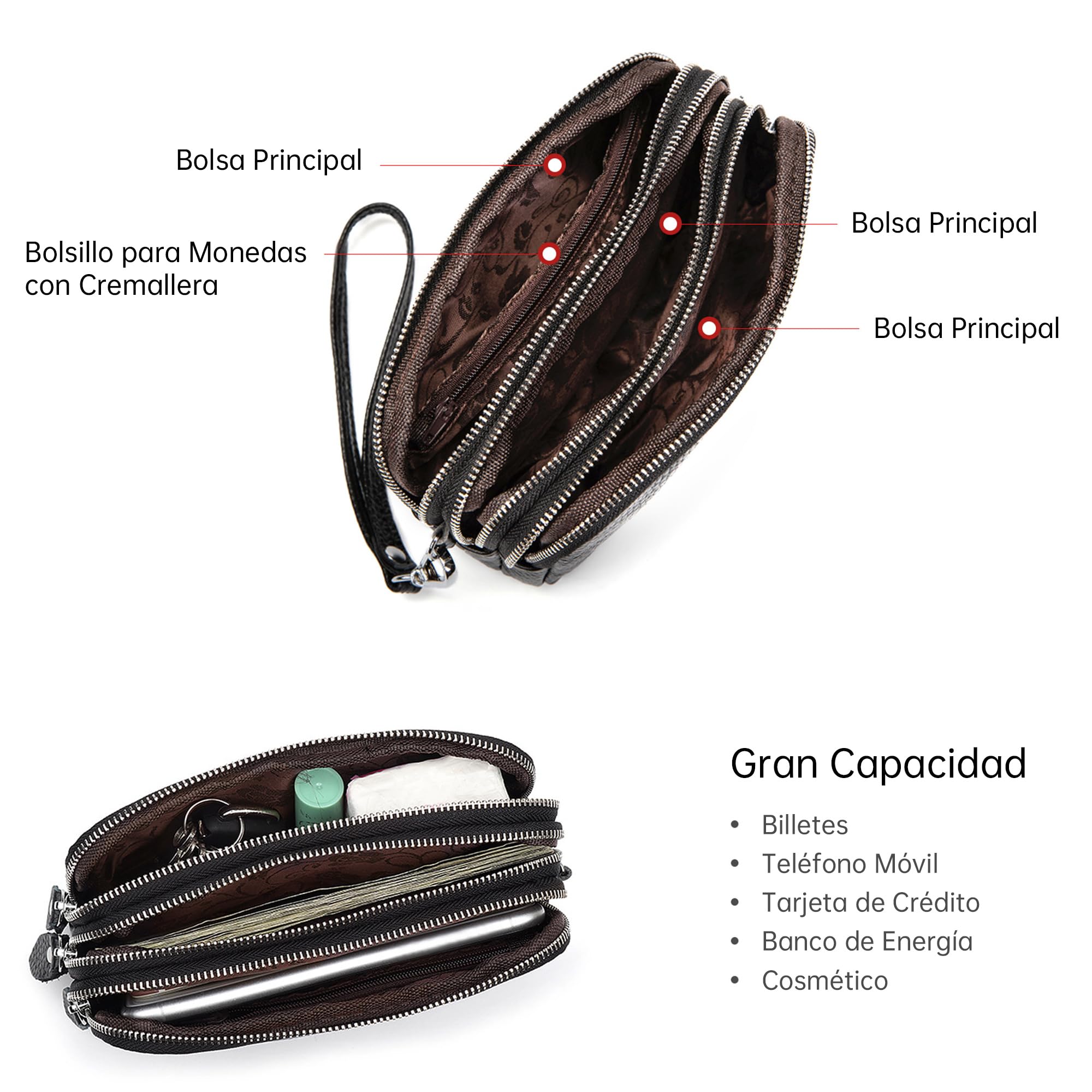 Mujer Cartera Cuero Genuino Gran Capacidad Elegante Billeteras Cremallera Ligera Monederos Carteras de Piel para Dama con Correas de Muñeca Rojo