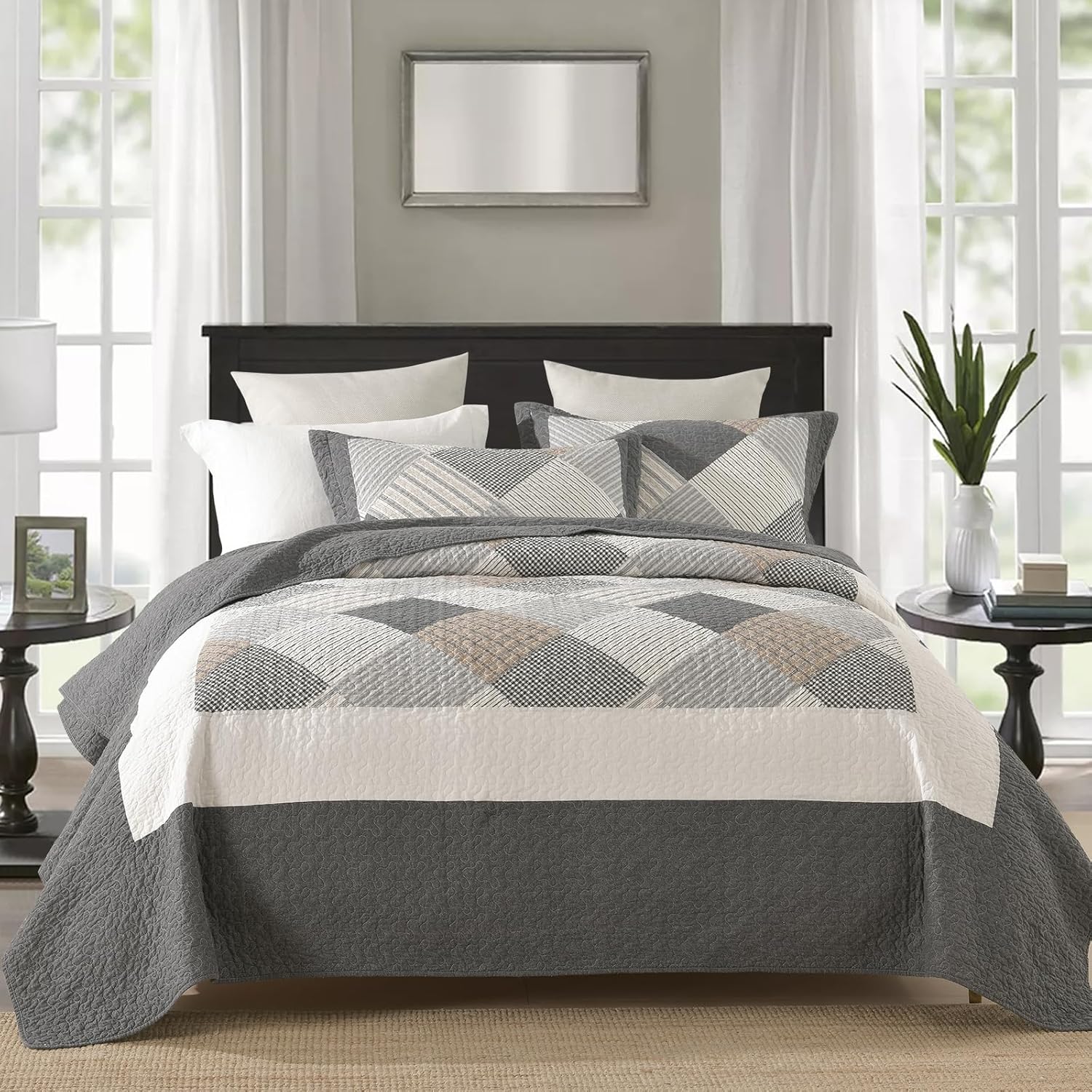 King Quilt Set - 100% Cotton Farmhouse Quilt Bedding Set with 3 Pieces in Dark-Gray/White/Brown - Image 2