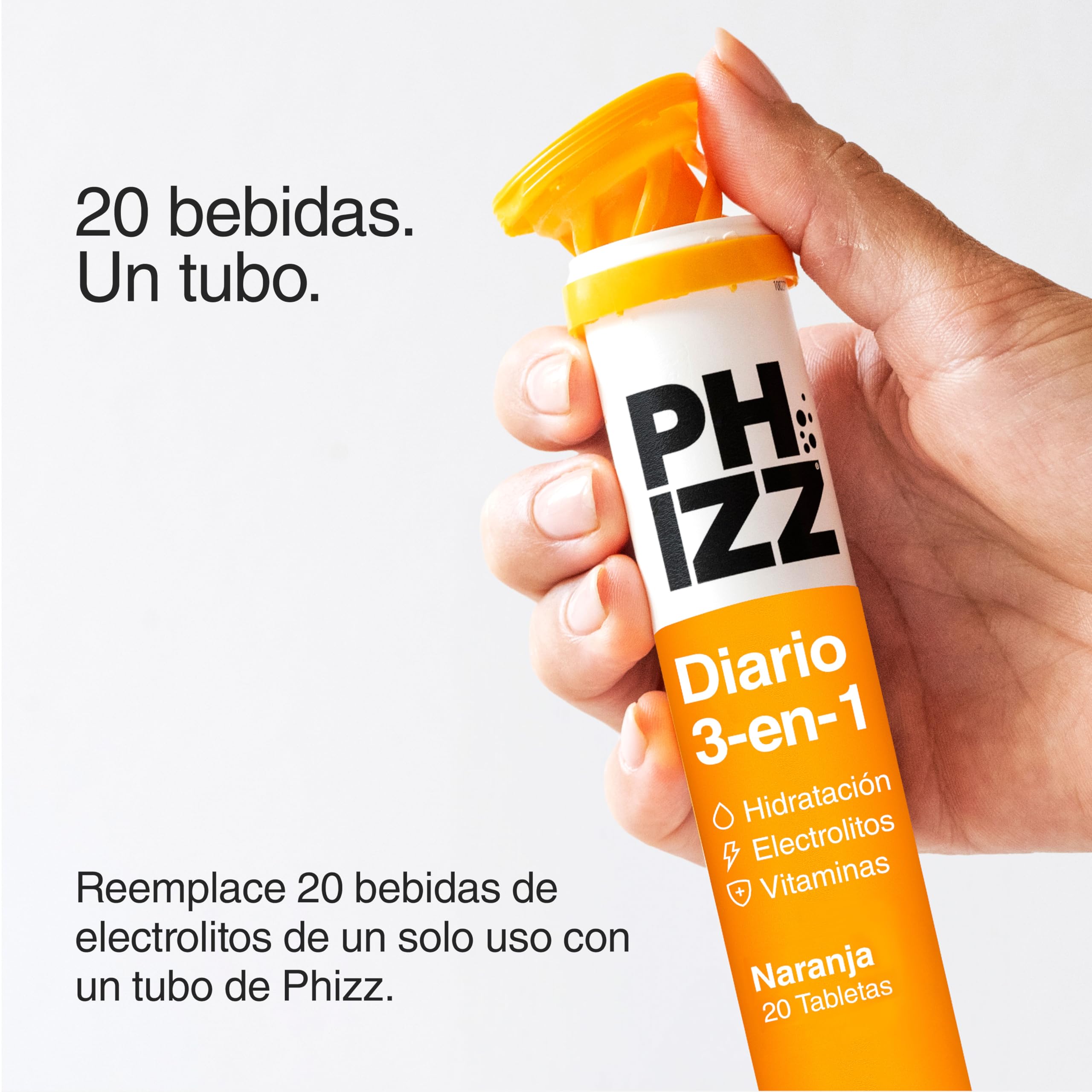 Phizz Electrolitos, Multivitaminas e Hidratación Efervescente 20 Comprimidos - 18 Vitaminas y Minerales, Vitamina C, Vegetariano y Bajo en Calorías (Naranja, 20 Pastilla)