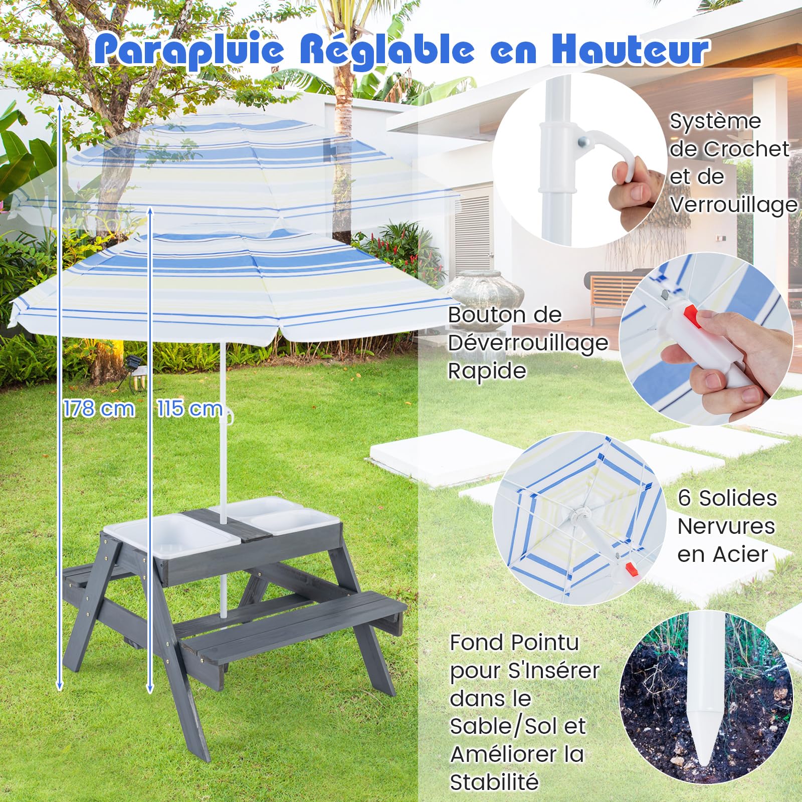 DREAMADE Table de Pique-Nique Enfant en Bois avec Parasol Amovible,Tables Extérieur Garçons Filles avec Bancs de Jardin&3 Boîtes à Couvercle,96x75x54CM (Grise+Coloré)