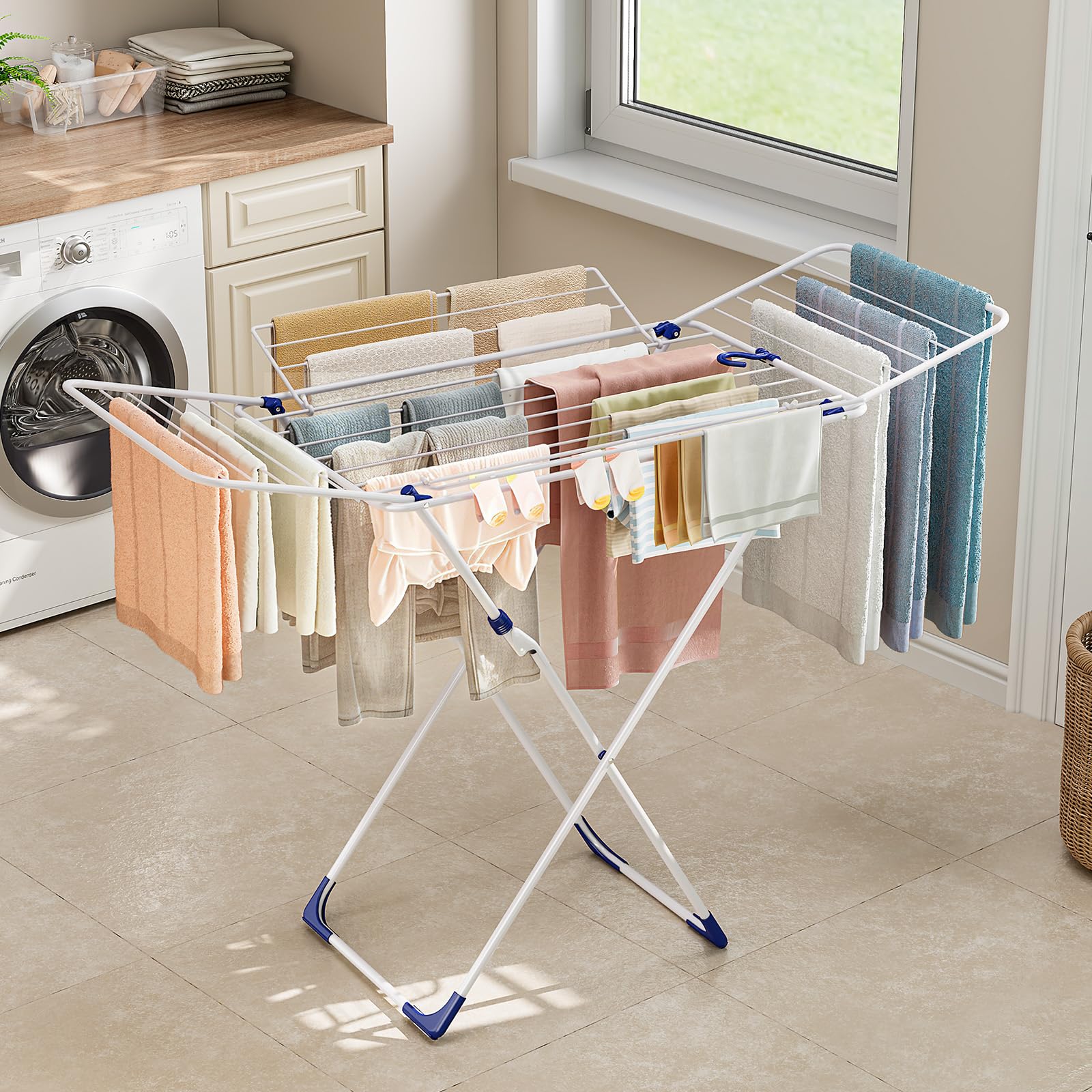 SYKIARIOL Wäscheständer, Wäscheständer Platzsparend mit rutschfesten Füßen, klappbarer Flügelwäschetrockner für Bettwäsche und Kleidung, ideal für Wohnung, Balkon & Garten, Weiß (Blau)