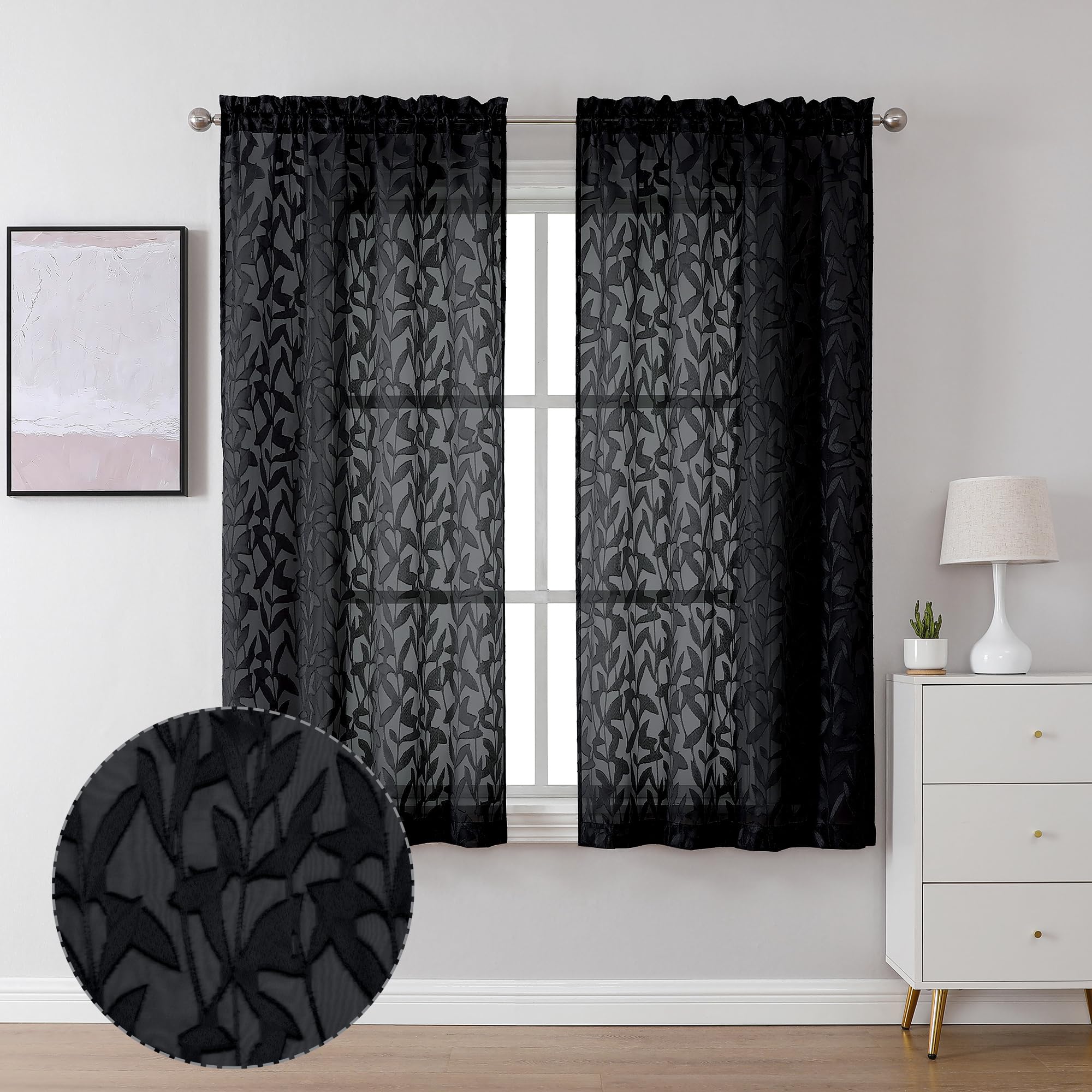 Lecloud Leia Clip Textured Leaf Black Sheer Curtains 63 Inch Length 2 Panels, Light Filtering Jacquard Voile Curtain with Dual Rod Pockets, Kitchen/Living Room/Bedroom Window Drapes, 38x63 Inches — image 1