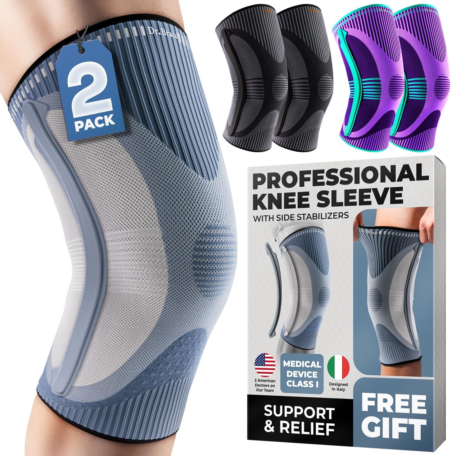 DR. BRACE ELITE Knee Brace with Size Stabilizer (2 Pack) Knee Brace for Women & Men, Workout, Sports, Daily Knee Compression Sleeve for Maximum Knee Pain Support & Fast Recovery (Uranus, Small)
