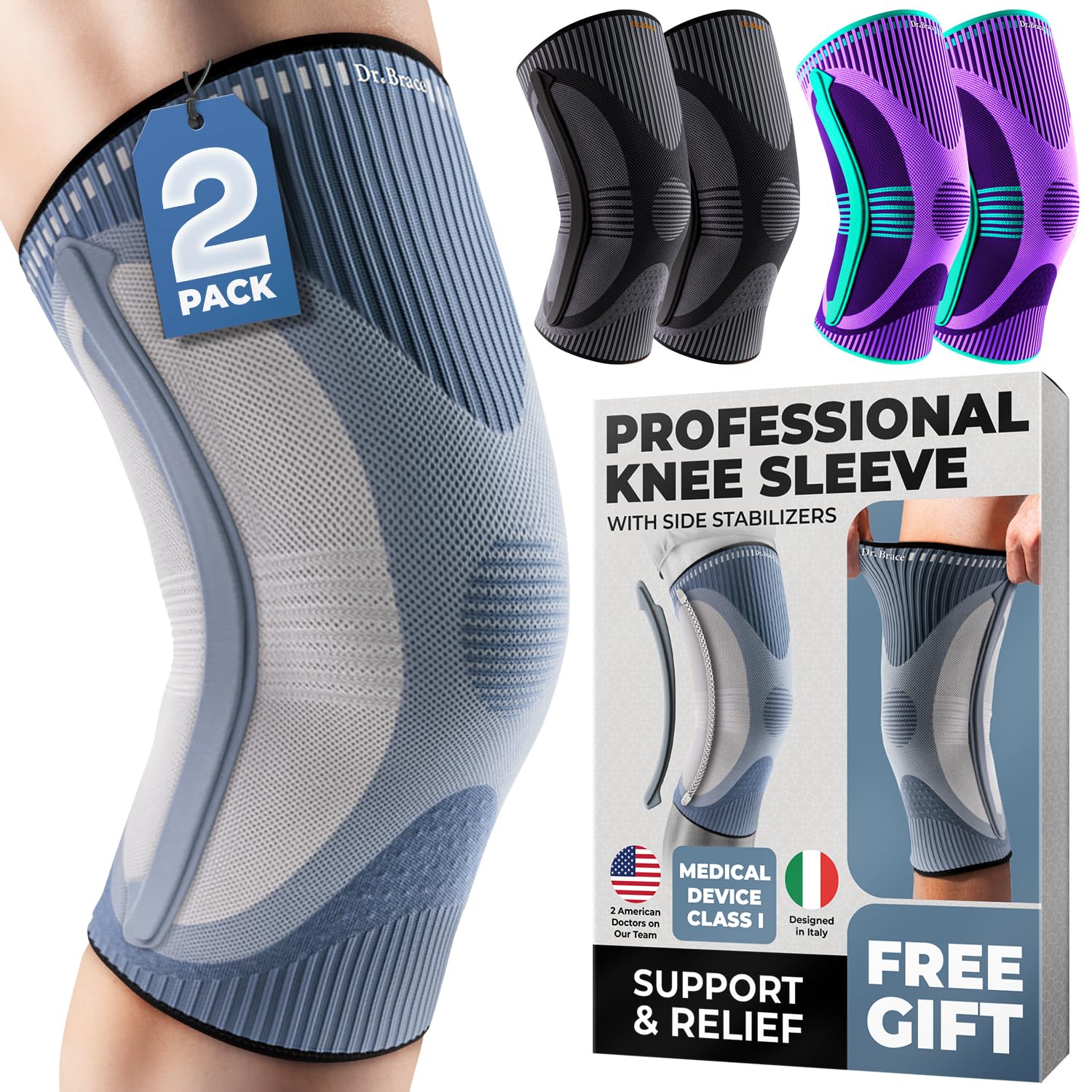 DR. BRACE Elite - Rodillera estabilizadora de tamaño (pack de 2 unidades) - Rodillera para hombre y mujer - Entrenamiento deportivo diario - Manguito de compresión para el máximo apoyo contra