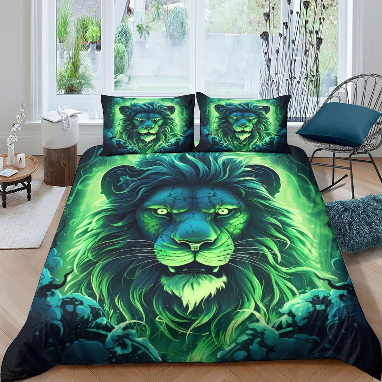 Ctjqhvkz Style-7 3D Printed Green Lion Fitted Sheet Microfiber Soft Breathable Jungle King Bed Cover For Bedroom Guest Room Decor Single（135X200cm）