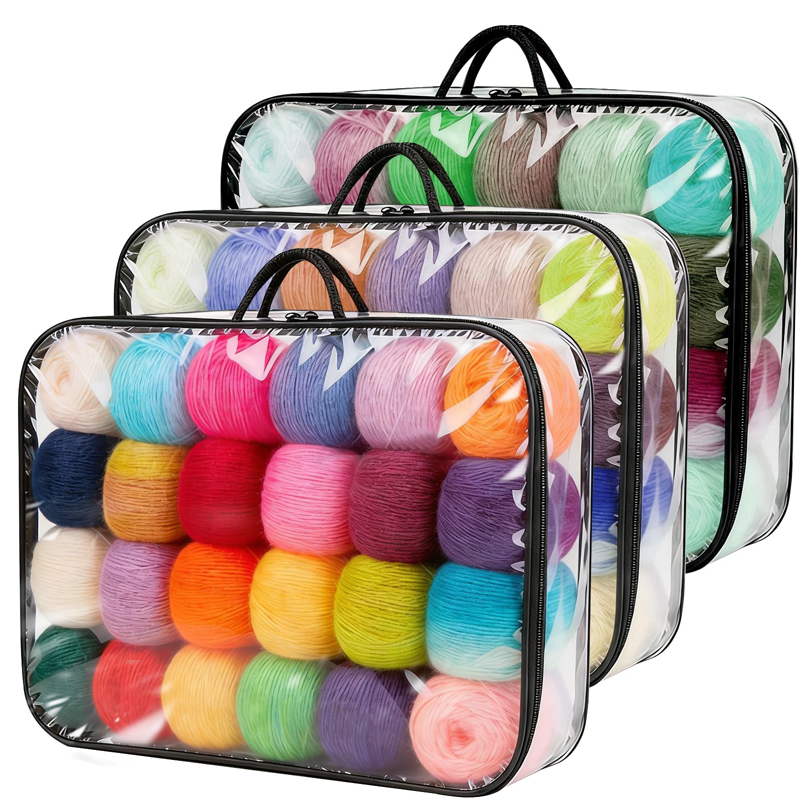 3Pcs Clear Yarn Storage Organiser with Handles, Waterproof Portable Yarn Storage Organiser Unit, Dust-Proof Storage Bags with Zips for Knitting & Crochet Wool, Knitting Accessories Saves Space