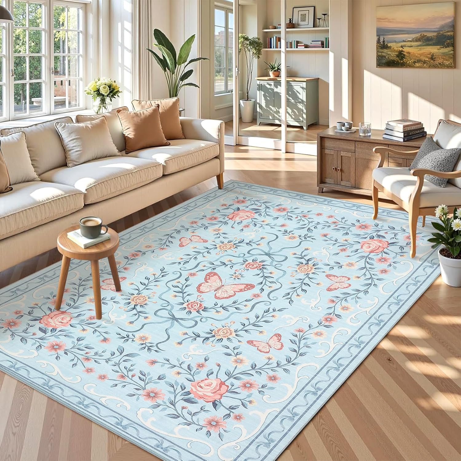 GarveeHome Washable Floral Area Rug 5x7 for Living Room Non Slip Bedroom Rug Soft Stain Resistant Large Dining Room Throw Carpet Low Pile Blue Bow Rugs Butterfly Flower Carpet for Nursery Entry, 5x7