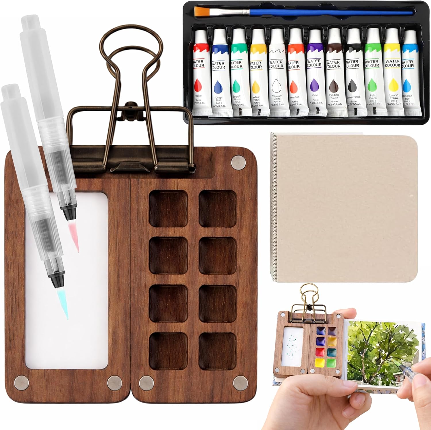 Mini Watercolor Travel Set - 12 Colors Paint Set Refillable Brush & Sketchbook and 2 Pens, Compact Travel Art Kit, Gift for Birthdays, Holidays & Art Lovers