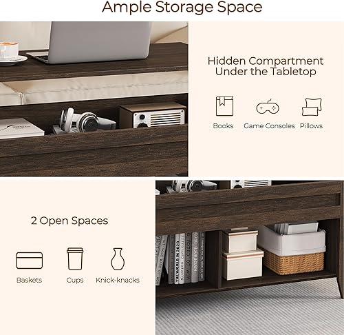 Miniatura 7 de Yaheetech - Mesa de centro con compartimento de almacenamiento oculto y estante inferior separado, mesa de centro con superficie elevada, mesa de