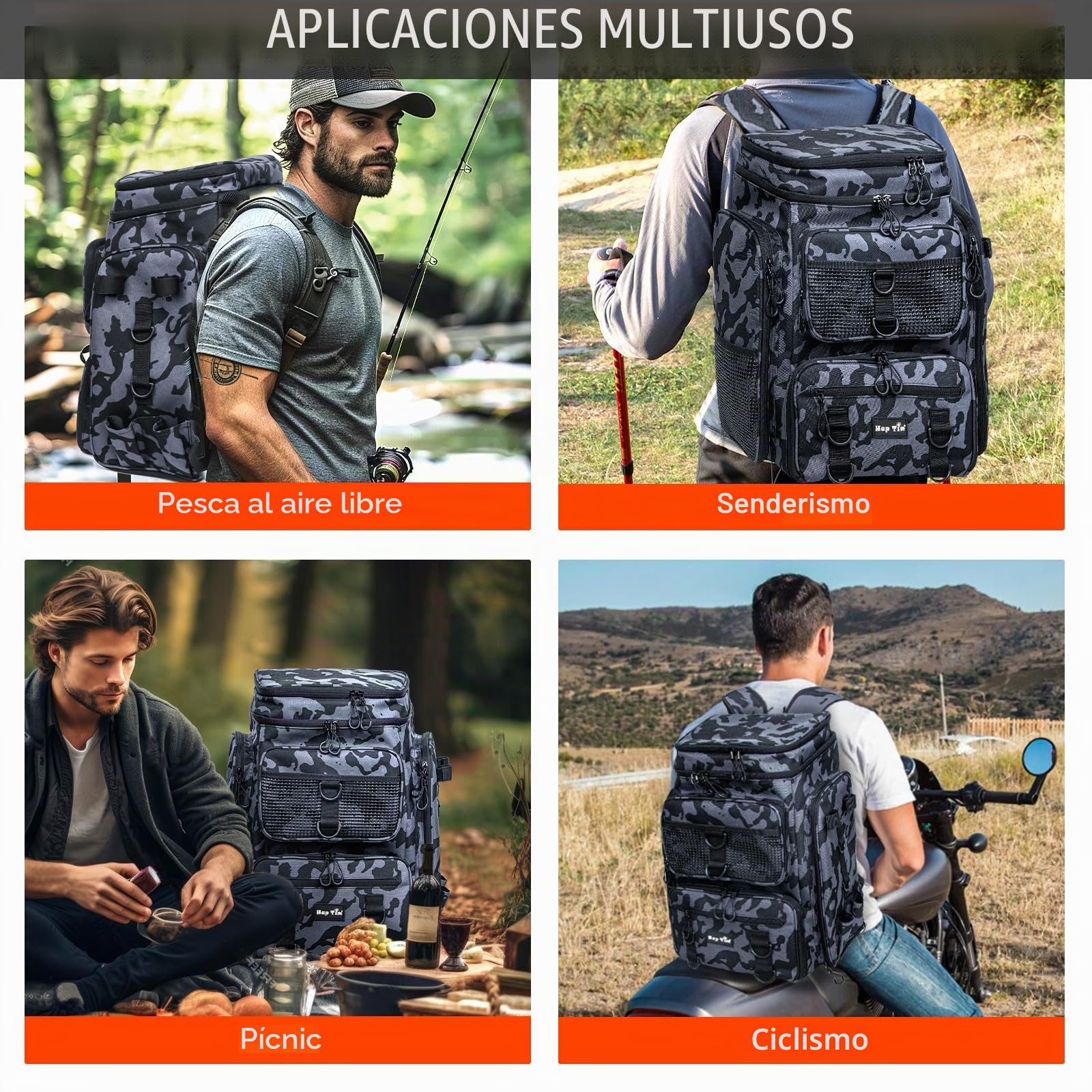 Hap Tim 42L Angel Mochila con 2 Varilla Titular Multi-Bolsillo Grande Bolsillo de Pesca Equipamiento Accesorios con Separador extraíble Día del Padre Navidad Regalos de los Hombres (FB-2308-CM-EU)