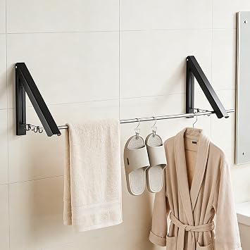 FOLAI 2-Piece Drill-Free Folding Clothes Drying Rack, 80cm Crossbar, Suitable for Bedroom, Bathroom, Indoor and Outdoor Use, Basics Folding Clothes Rack Black
