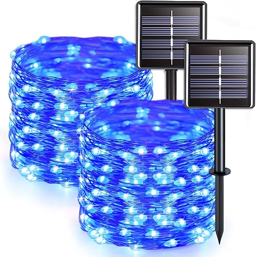 JMEXSUSS Paquete de 2 luces solares azules para exteriores, impermeables, de 33 pies, 100 luces LED solares de hadas LED, 8 modos de alambre de
