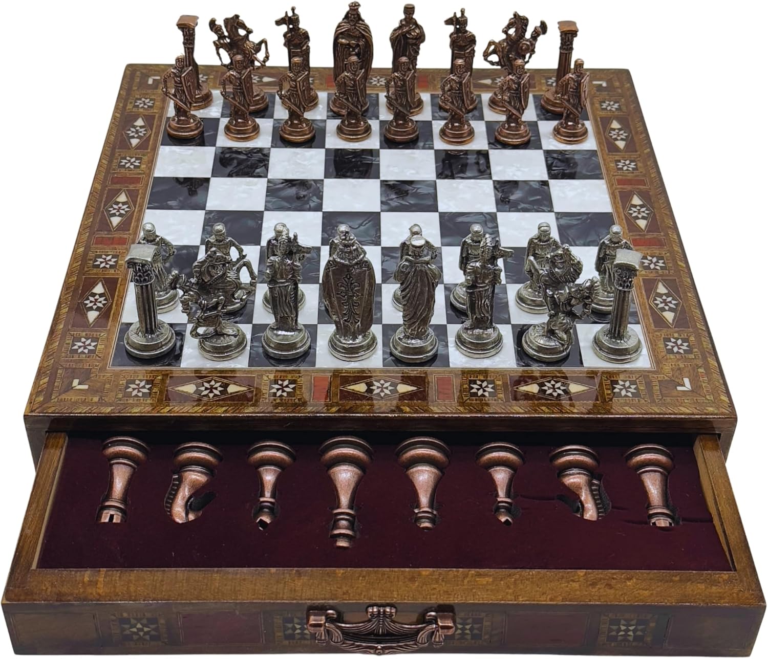 15 Handmade Chess Set with British Army Metal Chess Pieces, Luxury Storage Chess Board, for All Ages, Ideal for Father, (Black)
