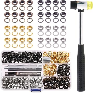 Rustark 200 Sets 5/16" 8mm Thickened Grommet Eyelets Assortment Kit with 4Pcs Setting Install Tool, Gold Silver Black Bronze Metal Eyelet Curtain Grommet for Leather, Canvas, Tarp, DIY Craft Projects