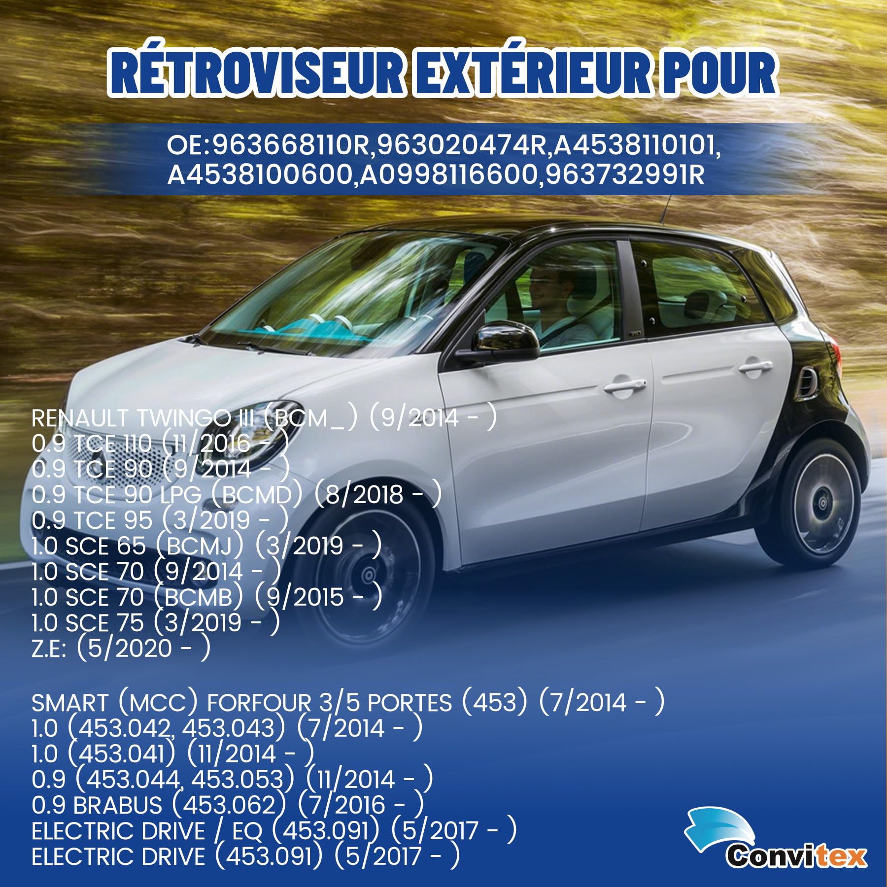 Specchietto retrovisore sinistro elettrico riscaldabile, specchio completo per RENAUL|T Twin III, SM|ART FORFOUR dal 2014, 5 pin