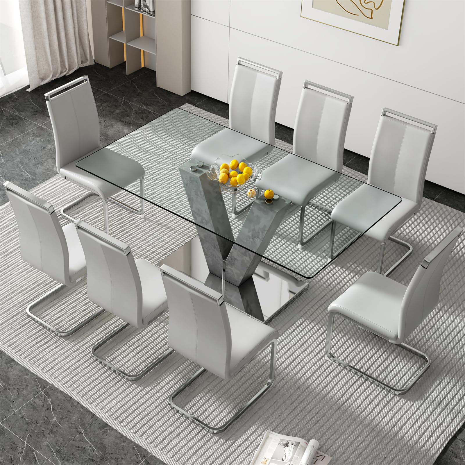 BAOPIN 71 inch gray glass dining table set with 8 white PU leather chairs
