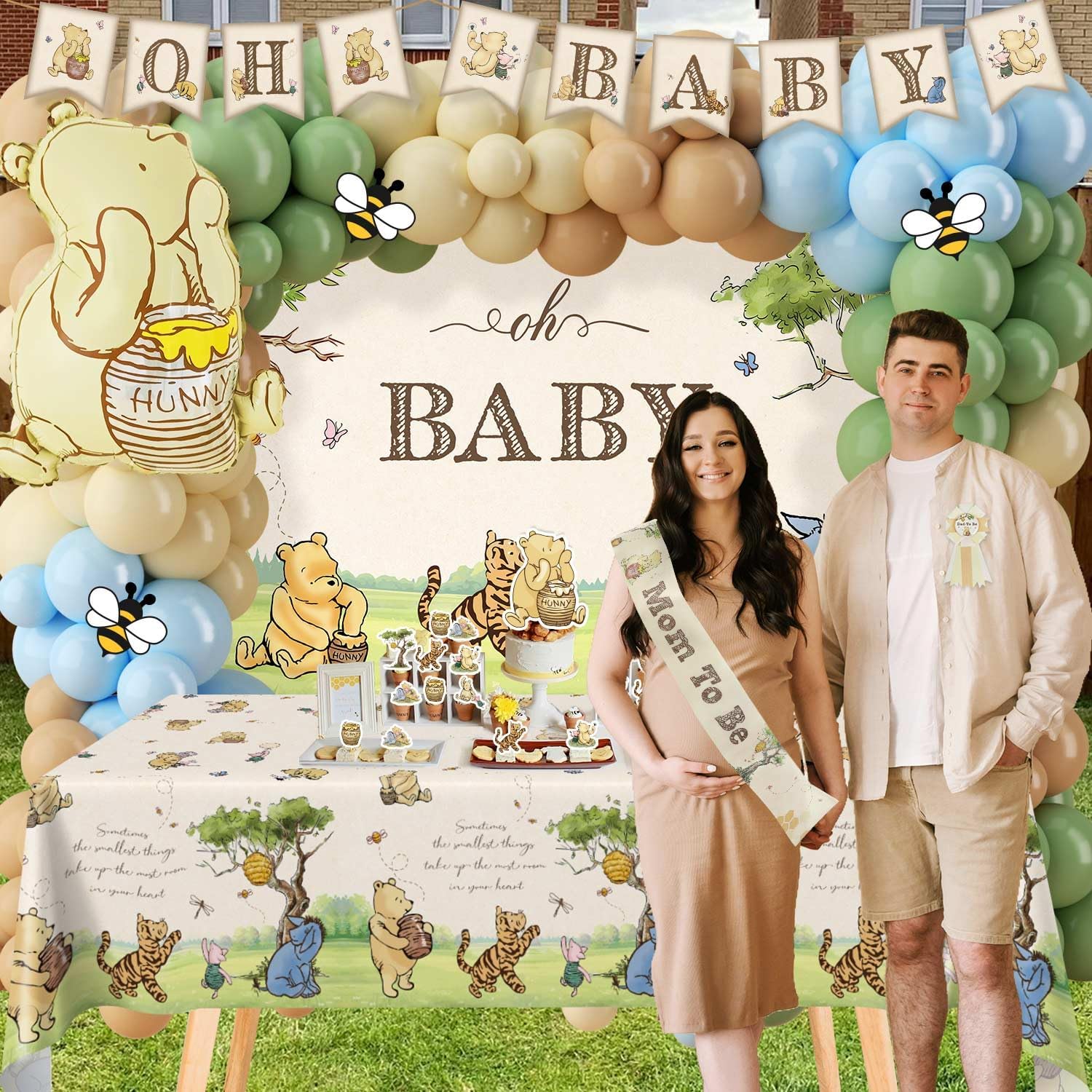 Classic Winnie Bear Baby Shower Decorations, Neutral All-In-One Pooh Baby Shower Balloon Arch Baby Boxes Backdrop Banner Tablecloth Cake Cupcake Topper Bee Stickers Mom To Be Sash Kit for Boys Girls