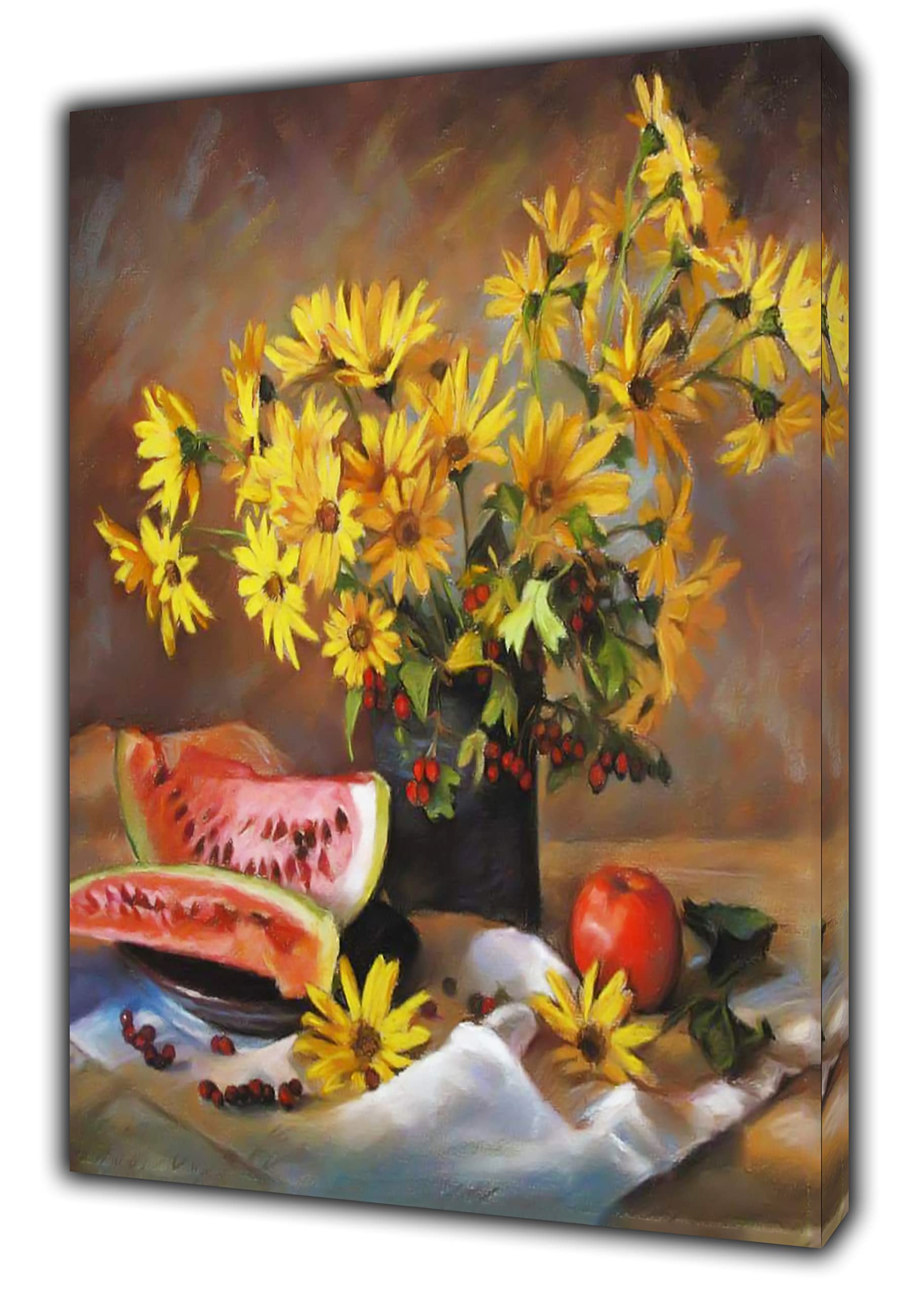 Impresión de girasoles y sandía sobre mesa en lienzo enmarcado para decoración del hogar, 102 x 76 cm, profundidad de 38 mm