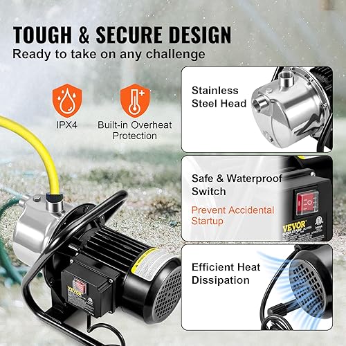 Miniatura 4 de VEVOR Bomba de pozo poco profunda 11 HP 115 V 978 GPH 131 pies de altura presión máxima de 696 psi bombas de chorro portátiles de acero inoxidable
