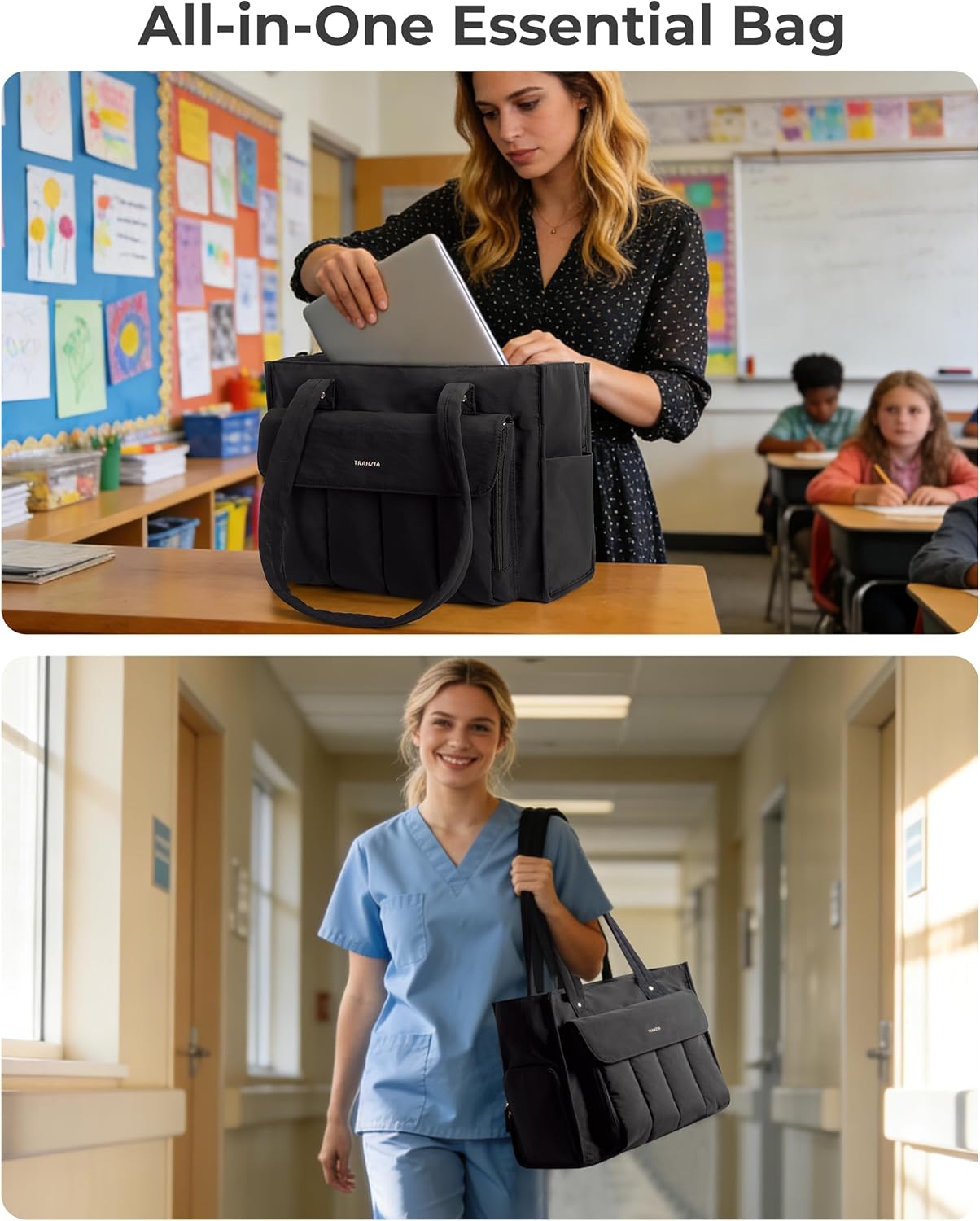 Teacher Tote Bag with Lunch Compartment and Accordion Organizer, Insulated Work Lunch Bag Fits for 15.6” Laptop for Women, Black - Image 7