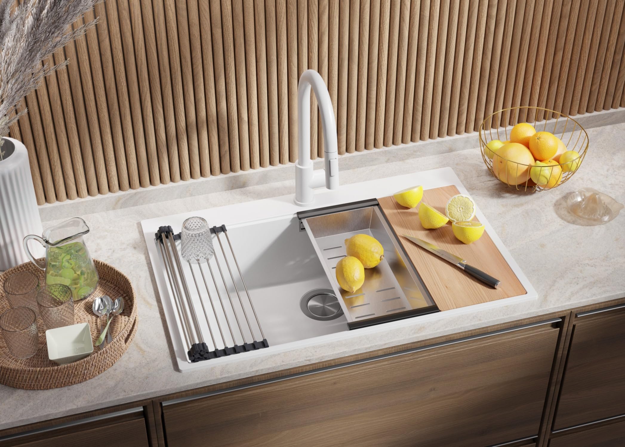 PRIMAGRAN Lavello da Cucina Bianco 78x50cm, Lavandino in Granito a 1 vasca + Set di accessori, Lavabo da Cucina Incasso al Mobile 80cm - Oslo Top S558