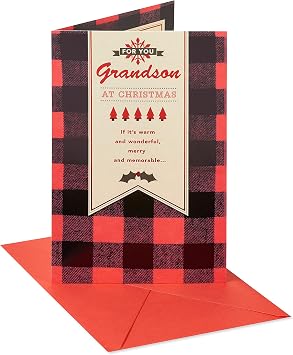 American Greetings Christmas Card for Grandson, Red and Black Buffalo Plaid Holiday Greeting for Grandchild Merry and Memorable