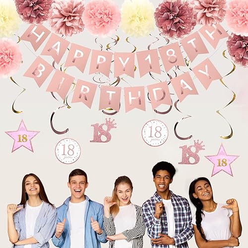 Miniatura 3 de Decoraciones de fiesta de cumpleaños número 18 de oro rosa, pancarta de feliz cumpleaños 18 con purpurina, pompones, kit de espirales colgantes