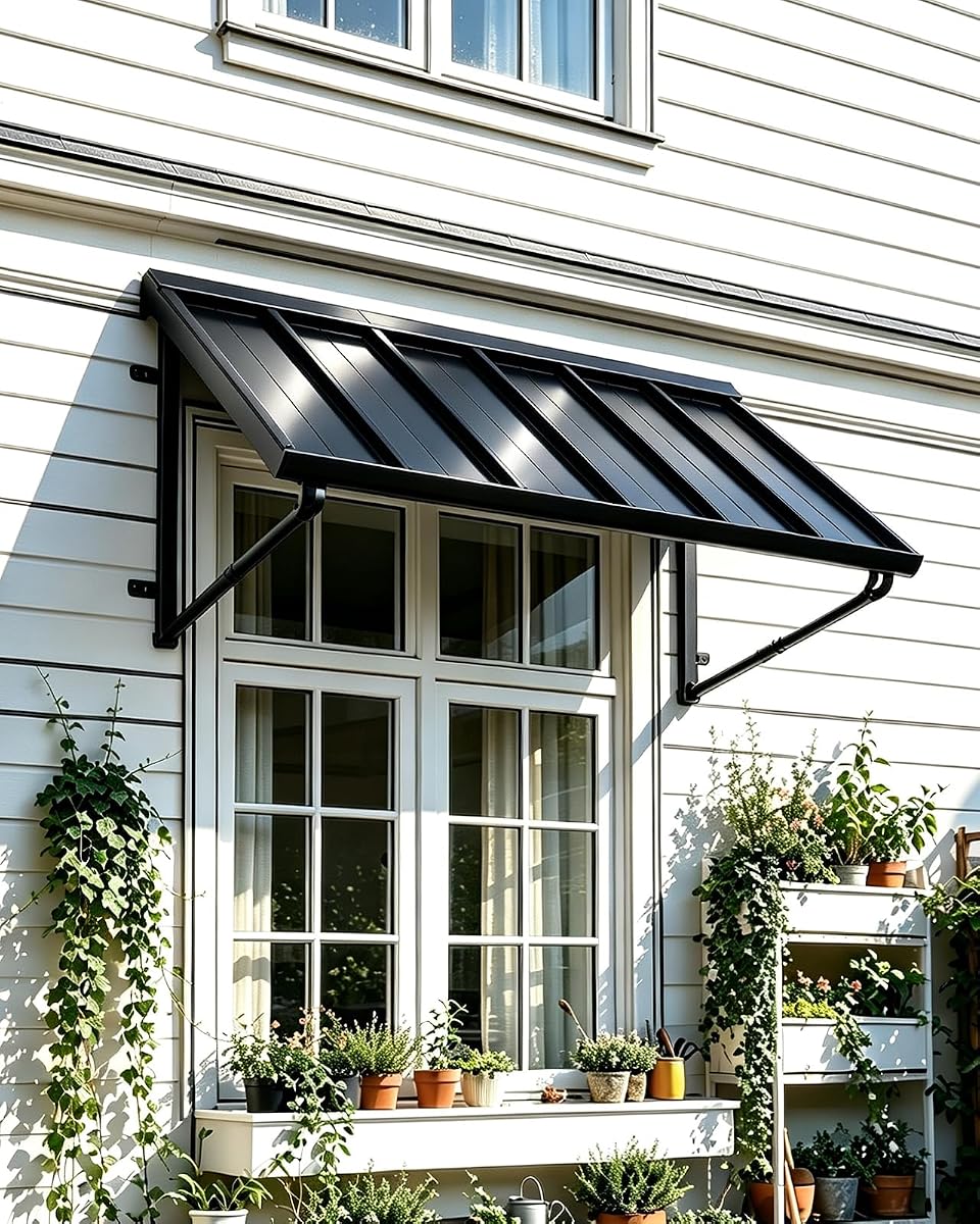 GDPFN Adjustable Metal Door Window Awning, 41" W×32" D Freely Tilt Original | All-Weather Rain,UV & Snow Protection, 10-Level Wind Resistant, Fits Any Wall, Built-in Gutter, 300lb Capacity, Dark Gray